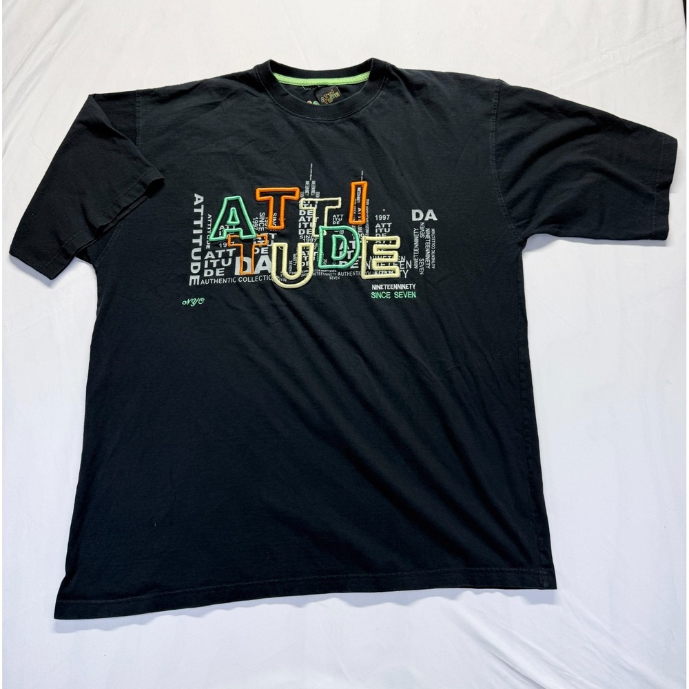 Attitude T Shirt Men 2XL Black Graphic Print Embroidered Logo Since Seven Cotton